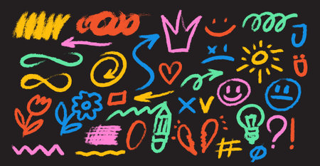 Set of hand drawn white chalk doodle. Vector charcoal pencil curly lines. Chalk drawn vector elements squiggles, childish abstract shapes. White charcoal, kids style, abstract design.のイラスト素材