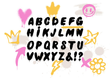 Graffiti font blob. Black spray street art alphabet, hand drawn street letters. Grunge drip print, arrow texture lettering splash creative poster handwriting. Graffiti font vector urban alphabet.のイラスト素材