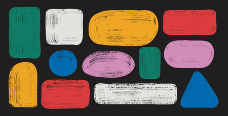 Grunge colored squares rectangles triangle and circle. Hand drawn brush strokes. Vector painted abstract shapes set. Dirty grunge color design frames, borders or templates for text illustration.のイラスト素材