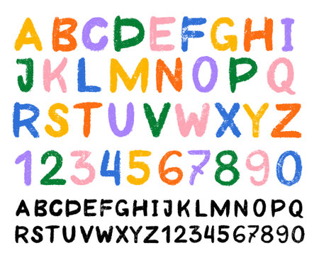 Kids font crayon set. Alphabet doodle funny playful, grunge hand drawn letters and numbers. Template school wax crayon abc for educational banners, school, kindergarten. Vector font cartoon children.のイラスト素材