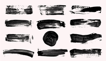 Black bold brush strokes set, hand drawn thick grunge lines vector, rectangle shapes. Collection of sketchy bold vector paint lines. Dry ink brush strokes and banners. Template grunge vector marker.のイラスト素材