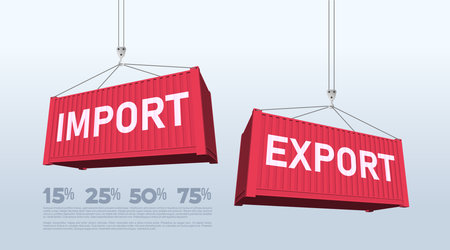 Port crane lift two red cargo containers with import and export words. Two cargo containers with import and export. Vector containers isolated on white background. Trade with foreign countries.のイラスト素材