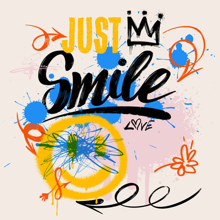 Template vector urban street art style smile slogan. Graffiti melting face drawings. Typography street art graffiti with spray splash effect for graphic tee. Vector design graphics tshirt prints.のイラスト素材