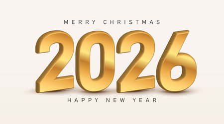 3D gold color vector numbers 2026. Template object for New Year greeting cards, advertising banners. Design golden metal numbers are bold and sleek. 3D element for calendar, cover, card and media postのイラスト素材