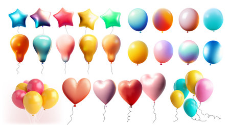 Set of 3d realistic vector colored balloons of various shapes, heart, star, spheres. Helium balloons for Happy birthday, wedding, party anniversary. Template realistic vector, collection of balloon.のイラスト素材