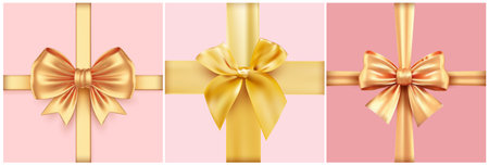 Set of golden bow vertical and horizontal gold ribbons. Vector decorative vector yellow bow. Template holiday decoration. Collection of decorative golden bow, ribbon isolated on white background.のイラスト素材