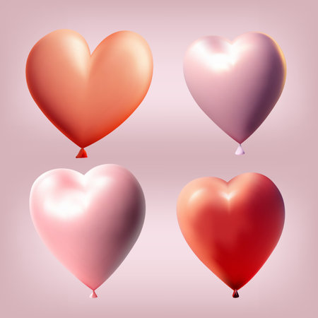 Set of 3d realistic vector red and pink balloons of heart. Helium balloons for Happy birthday, wedding, party anniversary. Template 3d realistic vector, collection of balloons heart.のイラスト素材