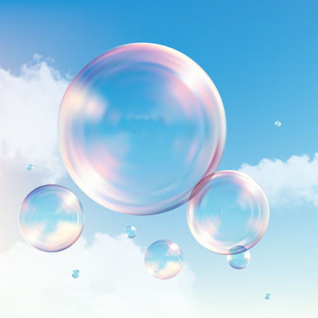 Realistic vector glass globe, colored soap bubbles. 3d glossy crystal sphere, optical bead, round orb water clear drop, soap bubble, glossy shiny empty button. Vector realistic soap bubblesのイラスト素材