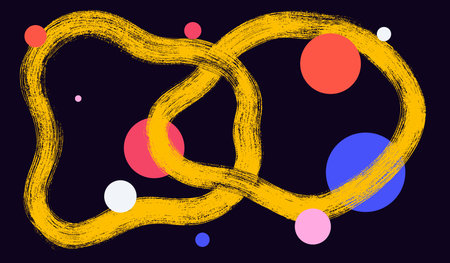 Grainy two rings drawn with a brush, irregular abstract shape, intersecting with each other. Vector swirled brush stroke with spray texture. Abstract poster stipple background with curly brush stroke.のイラスト素材