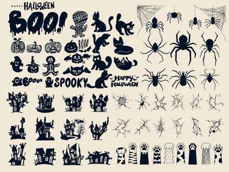 Halloween black icon set. Collection of Halloween icon holidays. Template scary and cute stickers silhouette style. Set of black silhouettes for Halloween. Vector illustration.のイラスト素材