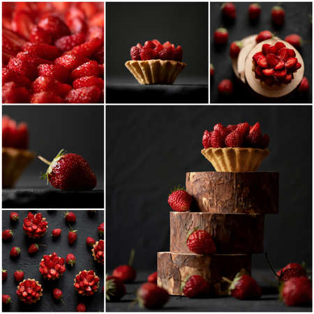 Collage with strawberry dessert on black background. Sweetness for a loved one. Sweet passion. Red passion. Passionate impulse. Dessert for Valentines Day. Cake for March 8. Womens weakness. Fastの写真素材