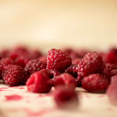 Fresh Raspberries background or texture. Close up shot. Group of red berries at table. Natural organic Healthy food. Sweet summer vegetarian or vegan dessert. Square format,1x1.の写真素材