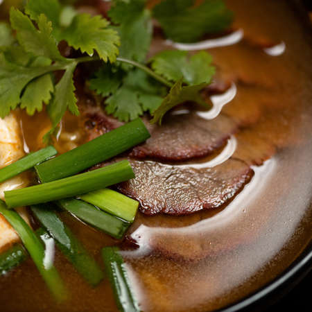 Meat soup with green onions and parsley. Juicy pieces of meat in broth, close up. Food concept. Square format or 1x1 for posting on social media. Soft focus.の写真素材