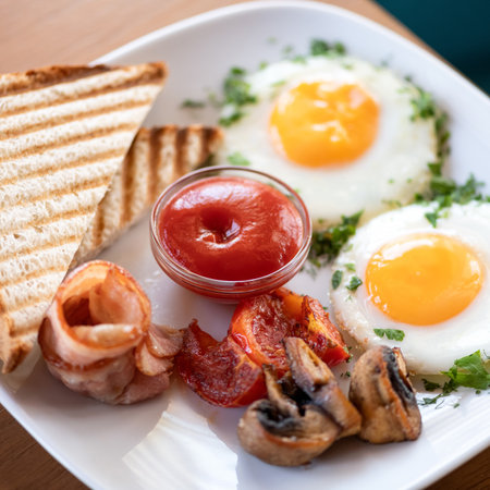 Traditional American continental breakfast. Fried eggs with bacon, mushrooms and toast. Plate of...