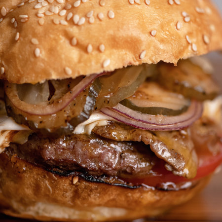 Burger, close up. Fresh hamburger made from juicy meat, onion and tomatoes. Fast food menu concept. Nutritious snack or lunch. Classic American food. Soft focus.の写真素材
