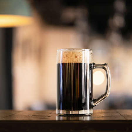 Huge mug of dark beer beer. Alcoholic beverage on table against of backlit blurred background. Side view. Copy space For text.の写真素材