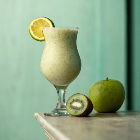 Detox vitamin smoothie. Glass with blended apple, kiwi and lime on blurred background. Green tropical cocktail. Healthy fresh juice or soft drink. Organic antioxidant product. Copy space.の写真素材