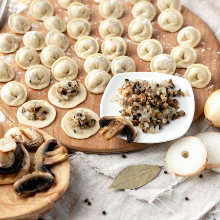 Dumplings stuffed with mushrooms and onions. Cooking process. Filling on rolling raw dough circles at wooden cutting board. Ingredients and kitchen utensils to making Convenience Food. Square format.の写真素材