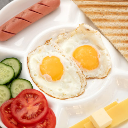 Classic American Breakfast. Two fried Eggs, sausage, cheese, toast and salad on white portion plate. High angle view. Square format for web banner. Close up shot.の写真素材