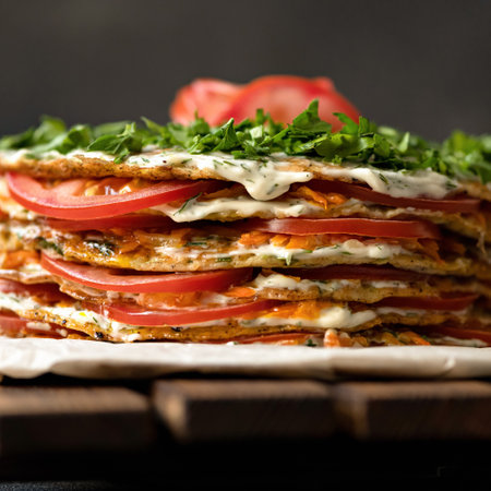 Zucchini cake with tomatoes. Stacked in layers zucchini pancakes decorated with tomato and mayonnaise, sprinkled with greens on top.の写真素材