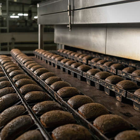 Bakery factory for baking bread. Whole loaves of dark or black bread in rows. Fresh baked whole...