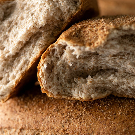 Half loaf of whole wheat bread. Healthy grain bread. Fresh baked goods concept. Soft focus. Close up...