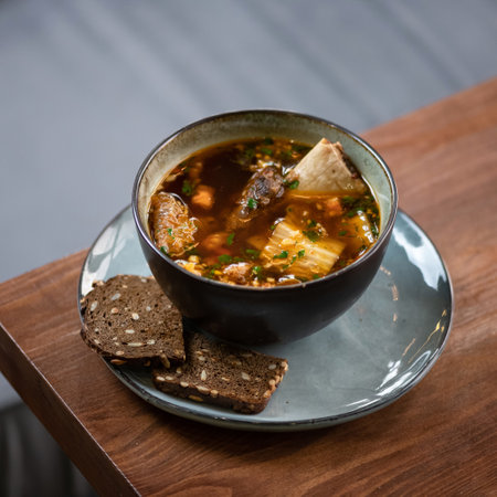Fatty meat broth with ribs. Clay bowl of Hot soup and slices of black rye whole grain bread on blurred background.の写真素材