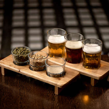 Different types of beer and ingredients for its preparation. Glasses with frothy alcoholic drink and malt on wooden stands. Tasting craft beers.の写真素材