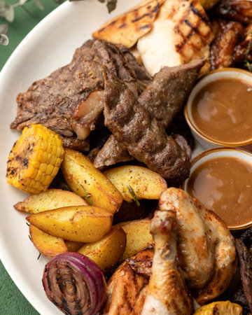 Grilled assorted meat and vegetables. Close-up shot of platter with tasty lunch. Vertical format. Soft focus. Top view.の写真素材