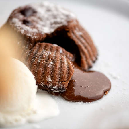 Brown tart with chocolate flowing from inside. Brownies cake with mint sprig and ice cream. Close-up shot. Soft focus.の写真素材