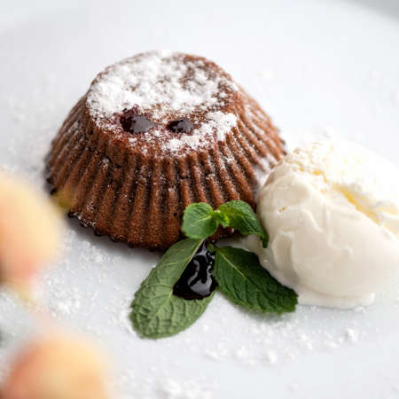 Brownies cake with mint sprig and ice cream. Brown chocolate tart. Close-up shot. Soft focus.の写真素材