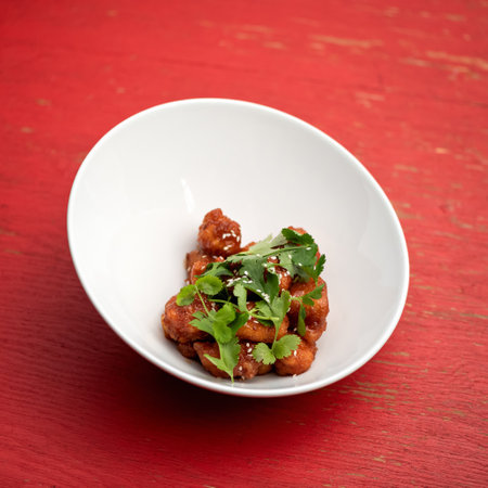 Wok meal, Stir-fried Oriental dinner on white plate or bowl isolated on pink background. Pan-asian cuisine, spicy food.の写真素材