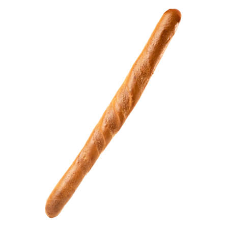 Long crispy white flour baguette. Whole loaf of bread isolated on white background.の写真素材