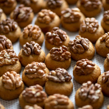 Cookies with walnuts on baking paper. Ready-made pastries. Soft focus.の写真素材