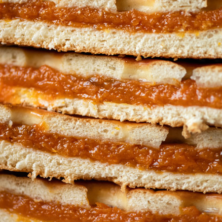 Pie with dried apricots filling. Stack of pie slices stuffed with dried apricots. Close-up shot. Side view. Square format. Soft focus.の写真素材