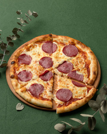 Hot Pepperoni pizza with salami sausage and melted cheese on green background. Italian Food concept. Side view. Soft Focus.の写真素材