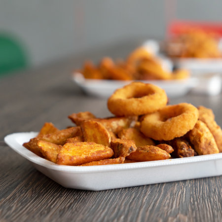 Crispy snack for Beer. Fried potato chips and rings on blurred background. Side view. Close-up shot. Copy space.の写真素材