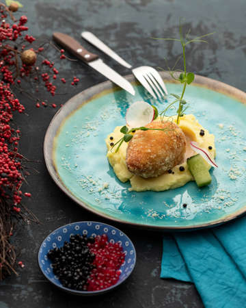 Chicken Kiev, Served on Plate. Fried meat cutlet with mashed potatoes and herbs. Top side view. Close-up shot. Soft focus.の写真素材