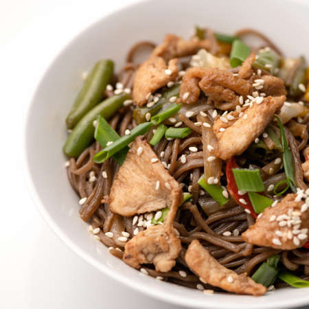 Buckwheat Brown noodles with meat fillets, onions and sesame seeds. Bowl of asian food. Close-up shot. Soft focus.の写真素材