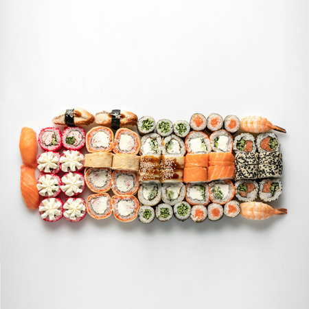 Large Sushi and Sashimi Set, Japanese rolls isolated on white background. Healthy Oriental food. Wellness concept. Flat lay. Top view. Copy space.の写真素材