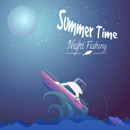 Night fishing on a motorboat spinning, summer time text, night fishing textのイラスト素材