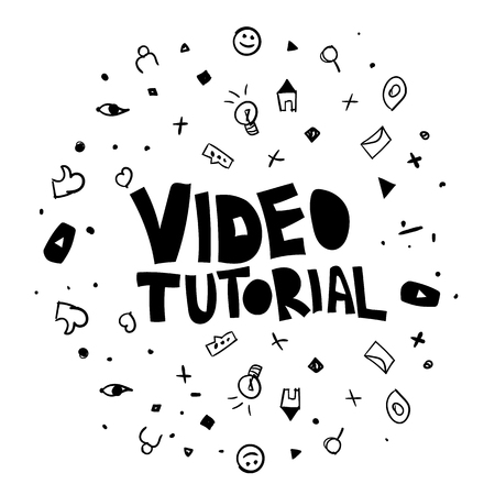 Video tutorial hand drawn lettering. Video hosting, streaming vector poster concept. Internet blog, vlog. Browser, social media outline doodle icons. E-mail, play, home, like, dislike sketch buttonsのイラスト素材