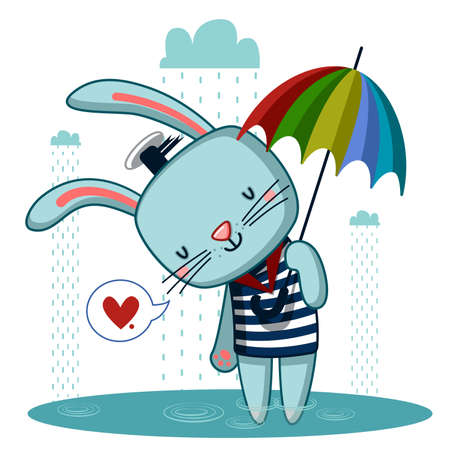 cute bunny with umbrella enjoying the rainのイラスト素材
