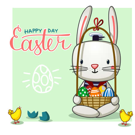 cute Easter bunny holding a basket of eggs in his handsのイラスト素材