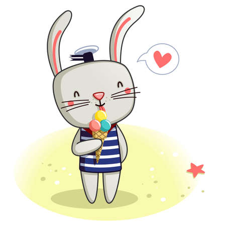 cute bunny eats ice cream on the beachのイラスト素材