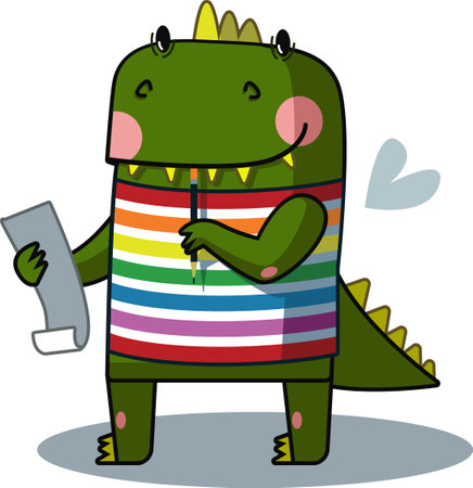 Cute dragon holding a tablet. Vector illustration of a cartoon crocodile.のイラスト素材