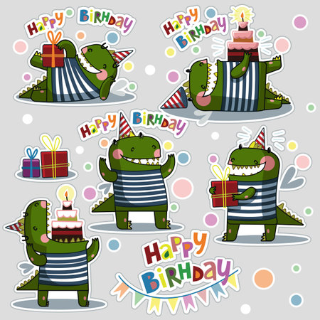 Cute dragon with gift boxes and happy birthday lettering.のイラスト素材
