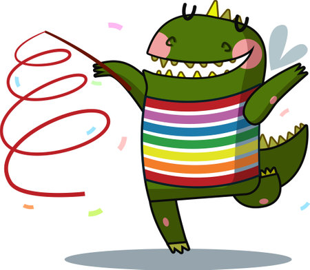 cute green dragon gymnast with ribbonのイラスト素材