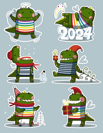 Cute dragon with gifts and snowflakes. vector illustration.のイラスト素材