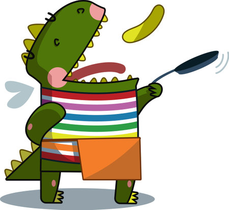 Cute dragon cooks pancakes and eatsのイラスト素材